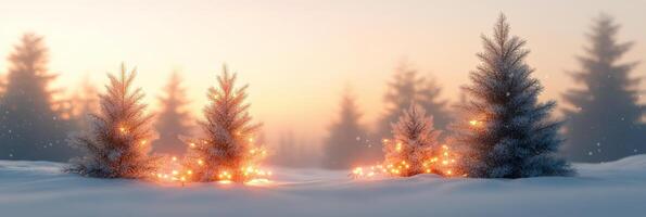 Winter landscape with snow covered trees and lights during a foggy afternoon photo