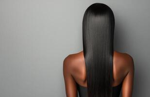 Long, sleek dark hair cascading down the back of a person against a neutral gray background photo