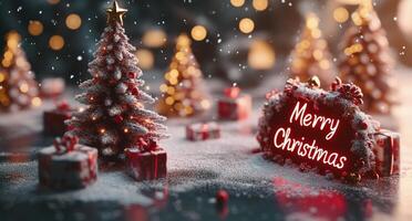 Festive Christmas decorations featuring miniature trees, gifts, and a greeting card in cozy ambiance photo