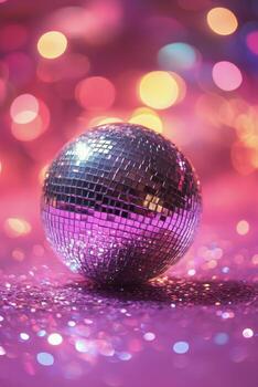 Shimmering disco ball on a vibrant pink background with sparkling lights in the background photo