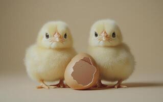 Newly hatched chicks exploring their surroundings beside an eggshell on soft fabric photo