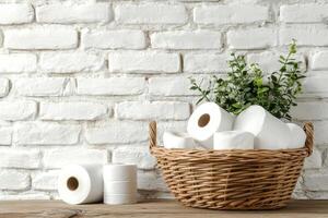 Soft white toilet paper rolls in a woven basket on a wooden table against a brick wall photo