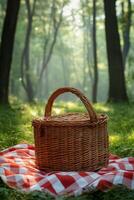 A cozy picnic setup with a woven basket on a red and white checkered blanket in a sunny park photo