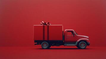 A red truck delivering a large gift box on a vibrant red background photo