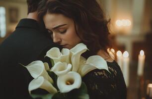 A couple embraces in a dimly lit room decorated with candles and fresh calla lilies photo