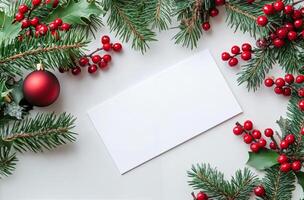 Festive holiday card surrounded by evergreen branches and red berries on a light background photo