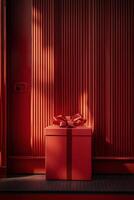 A decorative red gift box sits alone against a textured wall in warm afternoon light photo