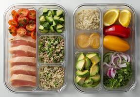 Healthy meal prep with grilled chicken, fresh vegetables, and quinoa in glass containers photo