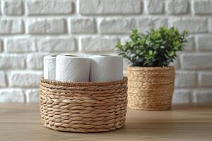 Decorative kitchen setting featuring rolls of paper towels in a woven basket with flowers photo