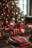 Elegant Christmas dining table decorated with festive candles, gifts, and pinecones in December photo