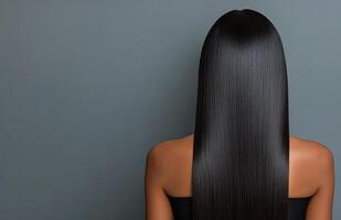 Long, sleek dark hair cascading down the back of a person against a neutral gray background photo