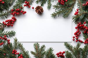 Festive arrangement of pine branches, berries, and pinecones with a blank card for holiday messages photo