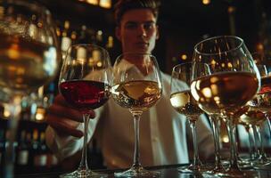 Bartender selecting fine wines in a stylish bar during an evening photo