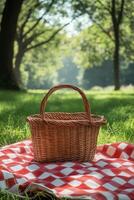 A cozy picnic setup with a woven basket on a red and white checkered blanket in a sunny park photo