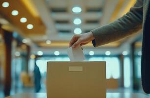 Man in a yellow jacket casting his vote in a ballot box during a local election photo