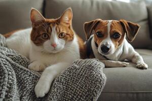 A cat and a dog resting together on a cozy sofa surrounded by warm decor in a living room photo