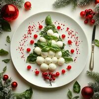 Festive holiday mozzarella and basil tree arrangement garnished with red berries photo