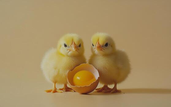 Two adorable newly hatched chicks sitting beside an eggshell in a cozy setting photo
