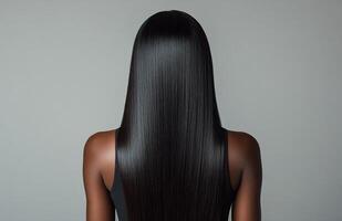 Long, sleek dark hair cascading down the back of a person against a neutral gray background photo