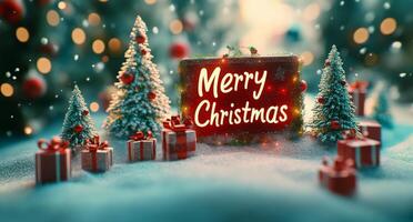 Festive Christmas decorations featuring miniature trees, gifts, and a greeting card in cozy ambiance photo