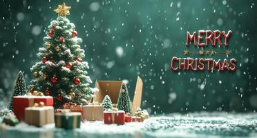 Beautifully decorated Christmas tree with gifts and festive decorations on a snowy background photo