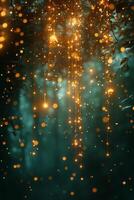 Magical forest atmosphere with suspended lights and shimmering bokeh in a lush greenery setting photo
