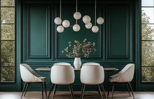 Modern dining area with green walls and plants bathed in sunlight during the afternoon photo