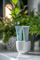 Two blue grooming tools beside a potted plant and a white bowl in a cozy bathroom setting photo