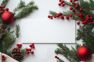 Festive arrangement of pine branches, berries, and pinecones with a blank card for holiday messages photo