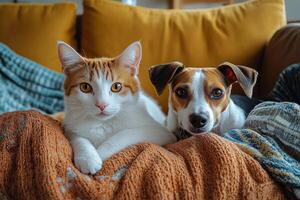 A cat and a dog resting together on a cozy sofa surrounded by warm decor in a living room photo