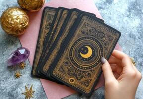 Tarot card reading session with beautifully designed cards on a pink background photo