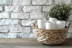 Soft white toilet paper rolls in a woven basket on a wooden table against a brick wall photo