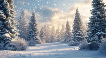 Majestic sunset illuminating a snowy forest with towering evergreen trees in winter photo