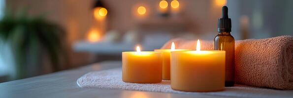 Relaxing spa setting with candles, essential oils, and fresh towels in a tranquil environment photo