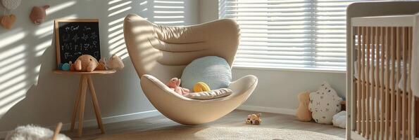 Cozy nursery corner with a rocking chair, toys, and soft sunlight in a warm, inviting space photo