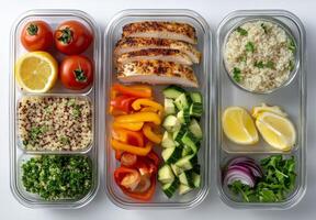Healthy meal prep with grilled chicken, fresh vegetables, and quinoa in glass containers photo