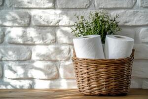 Decorative kitchen setting featuring rolls of paper towels in a woven basket with flowers photo
