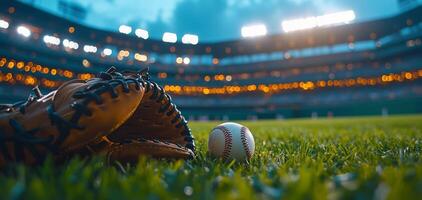 A baseball glove rests beside a ball on the grass at a dimly lit stadium during evening play photo
