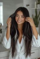 Young woman enjoying a refreshing shower in a modern bathroom during the day in a serene atmosphere photo