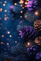 Festive holiday decor featuring purple pinecones and twinkling lights on a dark blue background photo