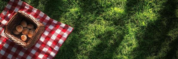 A woven basket rests on vibrant green grass with a red and white checkered cloth inside photo