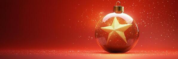 A sparkling red Christmas ornament with a golden star against a festive background photo
