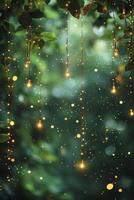 Magical forest atmosphere with suspended lights and shimmering bokeh in a lush greenery setting photo