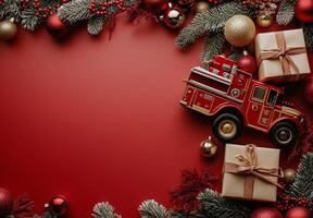 Festive holiday decorations featuring a toy fire truck and wrapped gifts on a red background photo