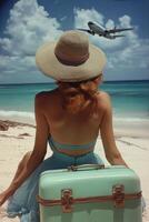 Woman waiting at the beach with suitcase as airplane flies overhead on a sunny day photo