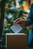 A voter casting a ballot into a donation box during a community event in an urban setting photo