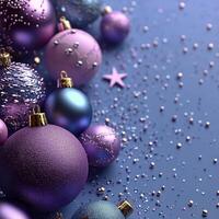 Decorative Christmas ornaments and stars arranged on a festive blue background photo
