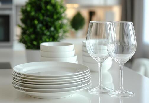 Elegant dining setup featuring stacked plates and glassware in a modern kitchen environment photo