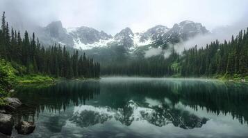 A tranquil lake surrounded by misty mountains and dense evergreen forests in early morning photo