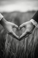 Couples hands forming a heart shape against a serene background during a romantic moment photo